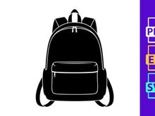 Front View of a Modern Backpack with a Zippered Front Pocket and Straps, Symbolizing School, Travel, and Outdoor Adventures. Black and White Vector.
