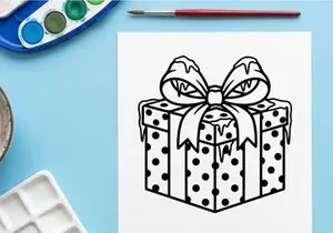 Ilustración de arte lineal de caja de regalo navideña con moño para diseño de página para colorear