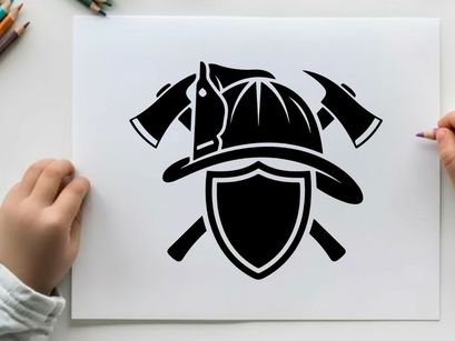 Firefighter silhouette logo with helmet shield axes and coat