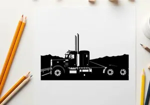 Silhouette of a semi truck on a highway with mountains