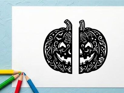 Decorative Halloween pumpkin with carved smiling face and floral patterns