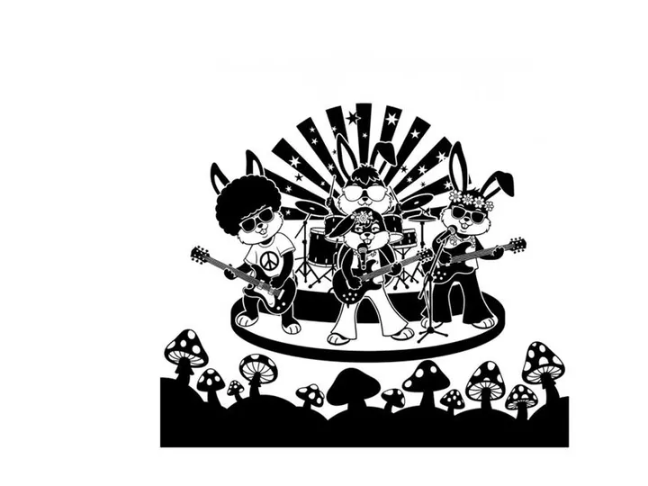 Silhouette illustration of cartoon band performing on stage with mushroom silhouettes