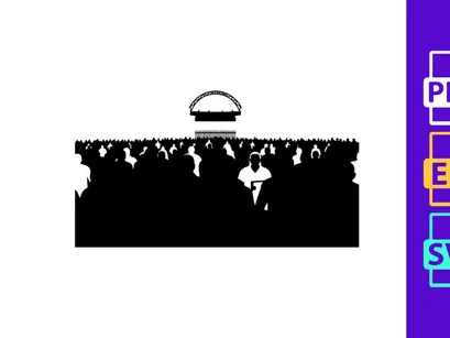 Silhouette of a crowd facing a domed building with gates