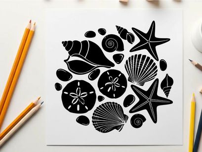 Silhouette of assorted seashells and starfish on white background