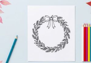 Hand-drawn Christmas wreath with pine branches and white bow for festive holiday decor