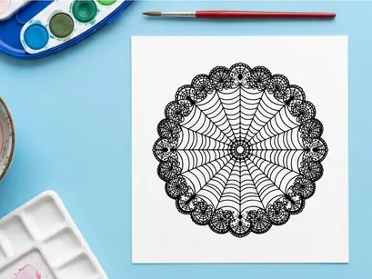 Spider web mandala design. Circular lace pattern with arachnid motifs for Halloween decor.
