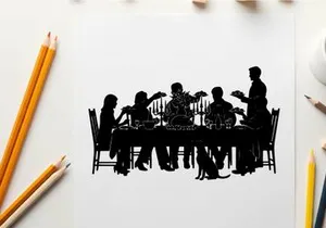 Silhouette of people gathered around a dinner table eating