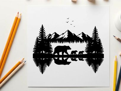 Silhouette of a bear family in a forest landscape