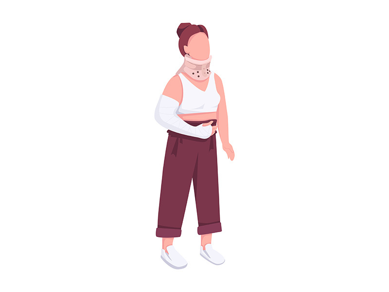 Hospital patient with neck and arm injuries flat color vector faceless character