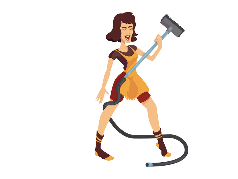 Woman dancing and cleaning room flat cartoon vector illustration