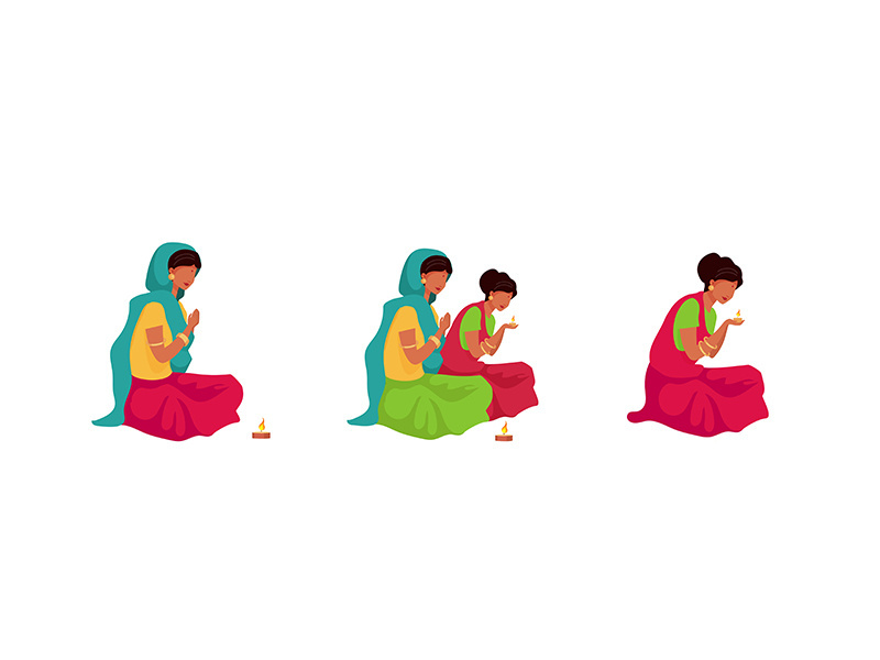 Puja ritual flat color vector faceless characters set
