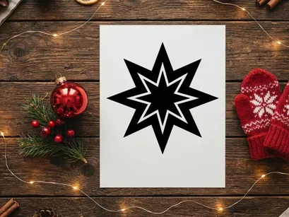 Black eight pointed star icon on white background, geometric vector shape design element.