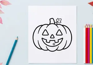 Hand-drawn Halloween jack-o-lantern with cheerful smile and star. Cute cartoon pumpkin face illustration for festive autumn decor and kids crafts.