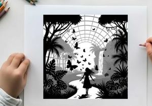 Silhouette of a girl in a greenhouse with butterflies and plants