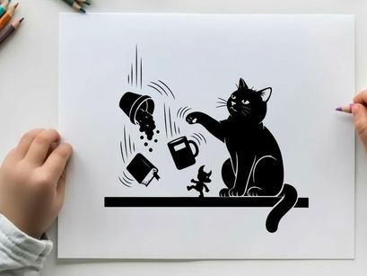 Mischievous silhouette cat causing chaos with spilled objects