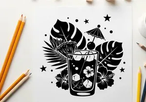 Silhouette of tropical cocktail with umbrella and palm leaves silhouette