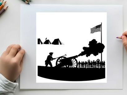 American civil war silhouette of soldier firing cannon with flag and tents
