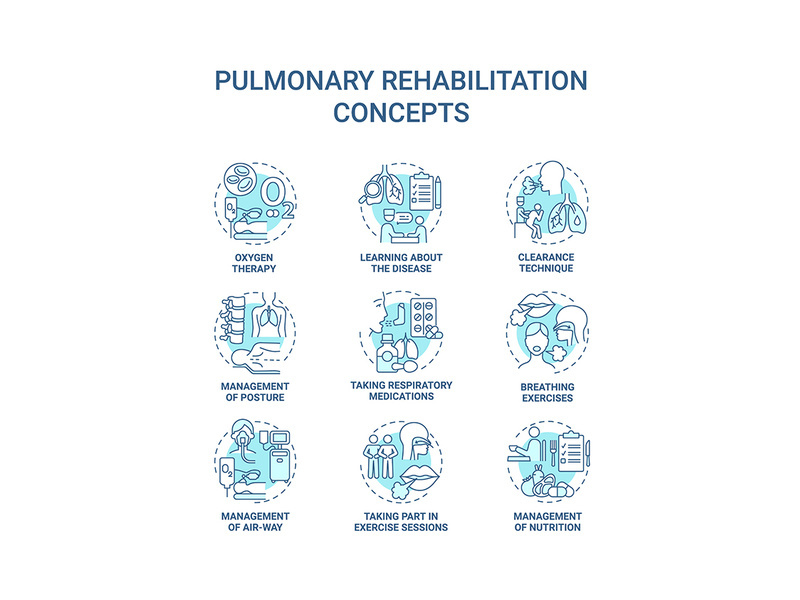 Pulmonary rehabilitation blue concept icons set