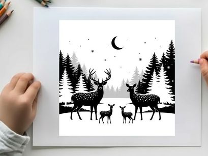 Deer family silhouette under moonlit night sky with pine trees