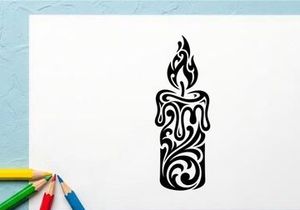 Stylized Candle Tattoo Design with Tribal Flames and Ornamental Details