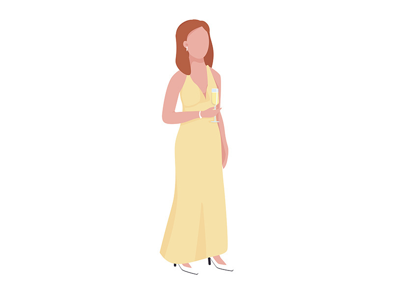 Woman in yellow luxury dress semi flat color vector character