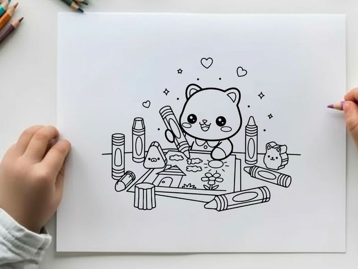 Cute teddy bear drawing with art supplies vector illustration