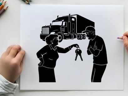 Silhouette of a woman handing keys to a man with a semi truck in the background