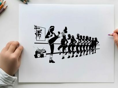 Silhouette of a woman leading a line of dancing silhouettes