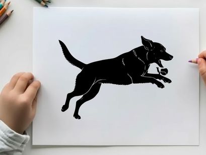 Black silhouette of a dog running quickly to the right