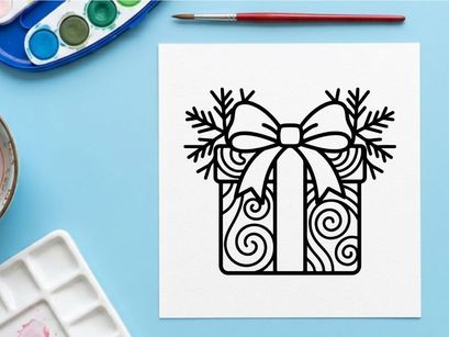 Elegant Christmas gift box with ornate bow and festive swirl patterns for holiday celebrations
