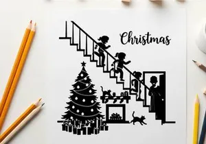 Christmas silhouette of family and children on stairs