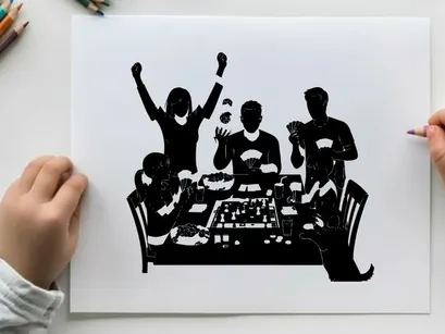 Silhouette of four people celebrating at a gaming table