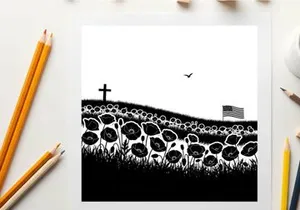 Silhouette of poppies cross and american flag on a hill
