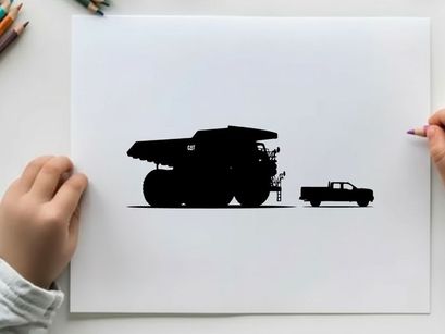 Silhouette of a large mining truck and a small pickup truck