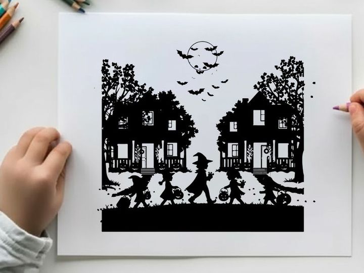 Halloween scene with children trick or treating on a spooky autumn night