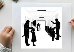 Silhouette of a line of children with adults in a hallway setting