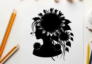 Silhouette of a woman with sunflowers in her hair