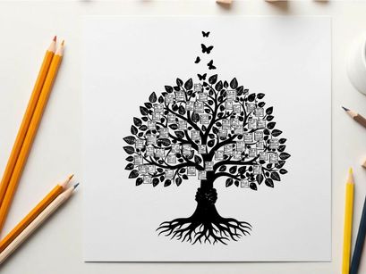 Silhouette of tree with roots and butterflies flying upwards from silhouette