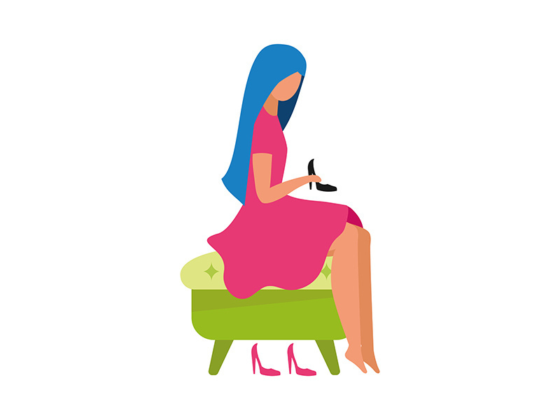Woman trying on high-heeled shoes semi flat color vector character