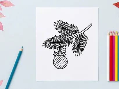 Christmas tree branch with hanging bauble ornament, hand drawn black and white line art.