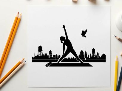 Silhouette of a woman practicing yoga outdoors in city silhouette