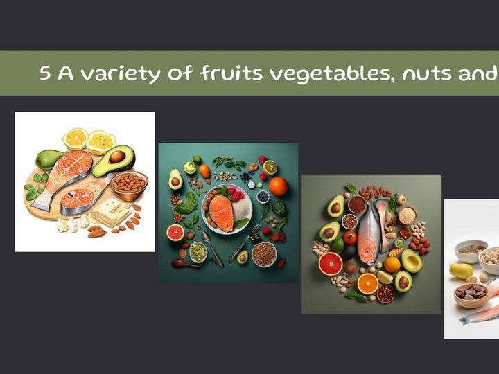 A variety of fruits vegetables, nuts and fish