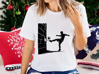 Soccer player kicking ball against brick wall in dynamic action pose