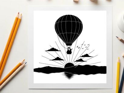 Hot air balloon silhouette flying over serene landscape at sunrise
