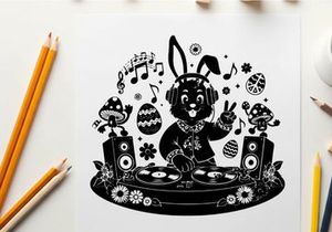 Easter bunny dj silhouette spinning records with easter eggs