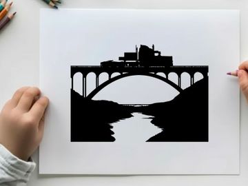 Truck crossing bridge silhouette against white background preview picture
