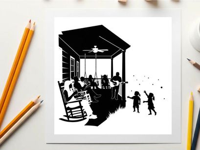 Silhouette of family on a porch with children playing