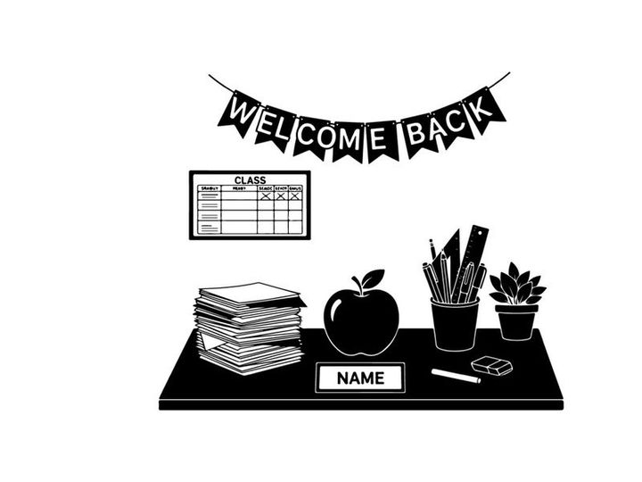 Welcome back to school silhouette illustration with educational desk accessories
