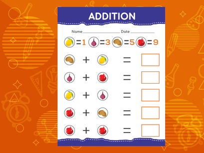 Addition with different fruits for kids. An educational worksheet for kids. Vector design