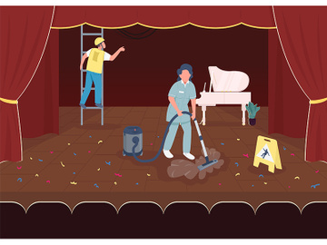 Cleaning after big concert flat color vector illustration preview picture